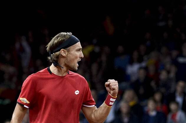 - GENT, BELGIUM: Belgian Ruben Bemelmans celebrates during the second game between Belgian Ruben Bemelmans and Britain Andy Murray in the Davis Cup World Group final between Belgium and Great Britain, Friday 27 November 2015, at Flanders Expo in Gent. DIRKxWAEM  x04747490x