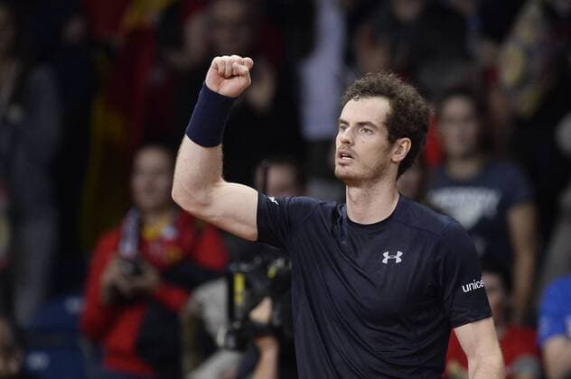 - GENT, BELGIUM: Britain s Andy Murray celebrates during the second game between Belgian Ruben Bemelmans and Britain Andy Murray in the Davis Cup World Group final between Belgium and Great Britain, Friday 27 November 2015, at Flanders Expo in Gent. DIRKxWAEM  x04747541x
