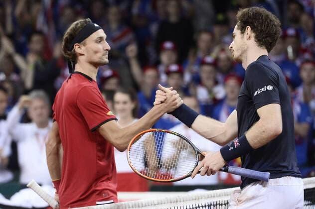 - GENT, BELGIUM: Belgian Ruben Bemelmans and Britain s Andy Murray shake hands after the second game between Belgian Ruben Bemelmans and Britain Andy Murray in the Davis Cup World Group final between Belgium and Great Britain, Friday 27 November 2015, at Flanders Expo in Gent. DIRKxWAEM  x04747542x