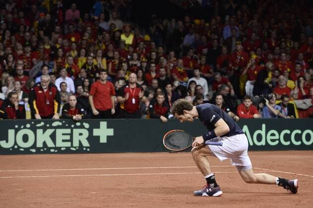 - GENT, BELGIUM: Britain s Andy Murray pictured during the second game between Belgian Ruben Bemelmans and Britain Andy Murray in the Davis Cup World Group final between Belgium and Great Britain, Friday 27 November 2015, at Flanders Expo in Gent. DIRKxWAEM  x04747543x