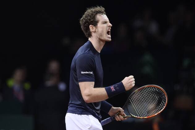 - GENT, BELGIUM: Britain s Andy Murray celebrates during the second game between Belgian Ruben Bemelmans and Britain Andy Murray in the Davis Cup World Group final between Belgium and Great Britain, Friday 27 November 2015, at Flanders Expo in Gent. DIRKxWAEM  x04747547x