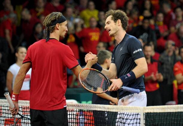 Tennis - 2015 Davis Cup by BNP Paribas - World Group Final: Belgium vs. Great Britain Day One Rubber Two: Singles Ruben Bemelmans (Bel) vs. Andy Murray (GB) Great Britain s Andy Murray celebrates winning the match at the Flanders Expo, Ghent. COLORSPORT JANE BARLOW 