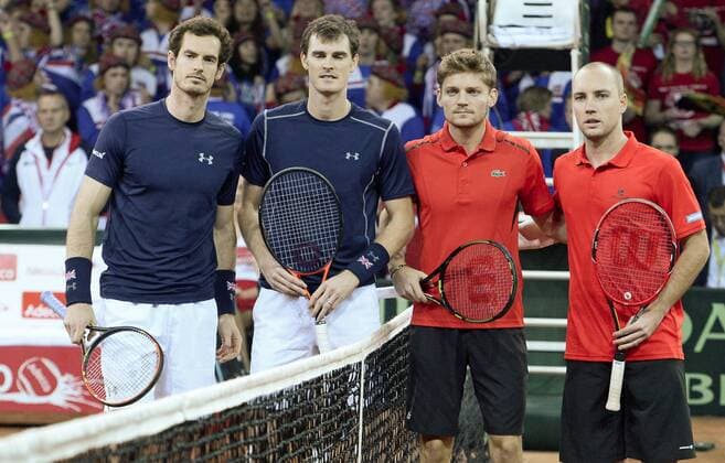 - GENT, BELGIUM: Britain s Andy Murray, Britain s Jamie Murray, Belgian David Goffin and Belgian Steve Darcis pose for the photographer at the start of the third game in the Davis Cup tennis World Group final between Belgium and Great Britain, a doubles game of Belgians David Goffin and Steve Darcis versus Britain s Andy and Jamie Murray, Saturday 28 November 2015 at Flanders Expo in Gent. DIRKxWAEM  x04747846x