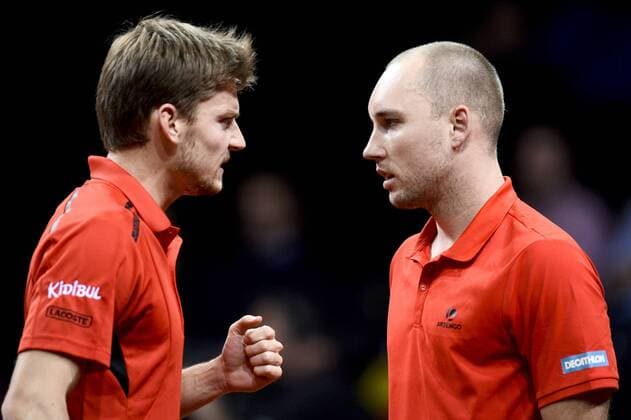 - GENT, BELGIUM: Belgian David Goffin and Belgian Steve Darcis pictured during the third game in the Davis Cup tennis World Group final between Belgium and Great Britain, a doubles game of Belgians David Goffin and Steve Darcis versus Britain s Andy and Jamie Murray, Saturday 28 November 2015 at Flanders Expo in Gent. DIRKxWAEM  x04747861x