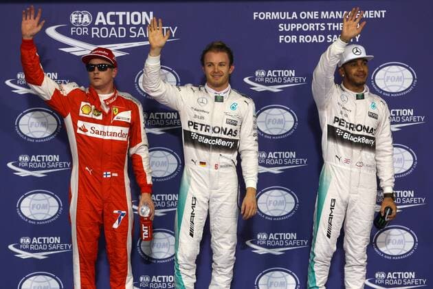 Abu Dhabi Grand Prix, UAE 26 - 29 November 2015 28.11.2015 - Qualifying, 3rd position Kimi Raikkonen (FIN) Scuderia Ferrari SF15-T, Nico Rosberg (GER) Mercedes AMG F1 W06 pole position and 2nd position Lewis Hamilton (GBR) Mercedes AMG F1 W06 