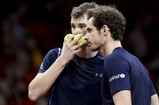 - GENT, BELGIUM: Britain s Jamie Murray and Britain s Andy Murray pictured during the third game in the Davis Cup tennis World Group final between Belgium and Great Britain, a doubles game of Belgians David Goffin and Steve Darcis versus Britain s Andy and Jamie Murray, Saturday 28 November 2015 at Flanders Expo in Gent. DIRKxWAEM  x04747864x