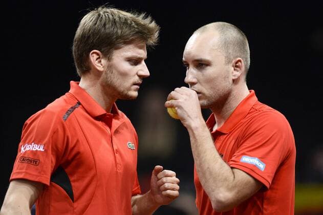 - GENT, BELGIUM: Belgian David Goffin and Belgian Steve Darcis pictured during the third game in the Davis Cup tennis World Group final between Belgium and Great Britain, a doubles game of Belgians David Goffin and Steve Darcis versus Britain s Andy and Jamie Murray, Saturday 28 November 2015 at Flanders Expo in Gent. DIRKxWAEM  x04747873x