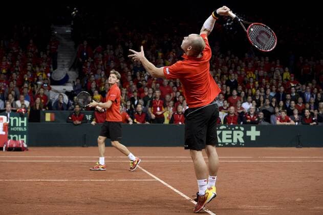 - GENT, BELGIUM: Belgian David Goffin and Belgian Steve Darcis pictured in action during the third game in the Davis Cup tennis World Group final between Belgium and Great Britain, a doubles game of Belgians David Goffin and Steve Darcis versus Britain s Andy and Jamie Murray, Saturday 28 November 2015 at Flanders Expo in Gent. DIRKxWAEM  x04747879x