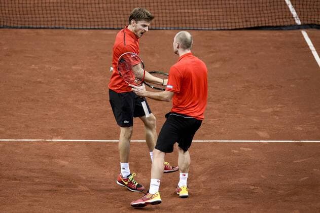 - GENT, BELGIUM: Belgian David Goffin and Belgian Steve Darcis celebrate during the third game in the Davis Cup tennis World Group final between Belgium and Great Britain, a doubles game of Belgians David Goffin and Steve Darcis versus Britain s Andy and Jamie Murray, Saturday 28 November 2015 at Flanders Expo in Gent. DIRKxWAEM  x04747895x