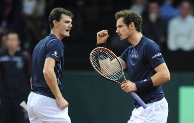 Tennis - 2015 Davis Cup by BNP Paribas - World Group Final: Belgium vs. Great Britain Day Two Rubber Three: Doubles Kimmer Coppejans (Bel) and Steve Darcis (Bel) vs. Andy Murray (GB) and Jamie Murray (GB) (left to right) Great Britain s Jamie Murray and Andy Murray during the match at the Flanders Expo, Ghent. COLORSPORT JANE BARLOW 