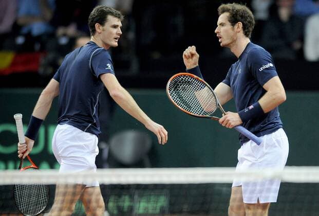 Tennis - 2015 Davis Cup by BNP Paribas - World Group Final: Belgium vs. Great Britain Day Two Rubber Three: Doubles Kimmer Coppejans (Bel) and Steve Darcis (Bel) vs. Andy Murray (GB) and Jamie Murray (GB) (left to right) Great Britain s Jamie Murray and Andy Murray during the match at the Flanders Expo, Ghent. COLORSPORT JANE BARLOW 