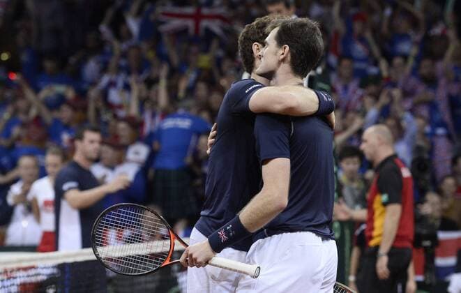 - GENT, BELGIUM: Britain s Andy Murray and Britain s Jamie Murray celebrate after winning the third game in the Davis Cup tennis World Group final between Belgium and Great Britain, a doubles game of Belgians David Goffin and Steve Darcis versus Britain s Andy and Jamie Murray, Saturday 28 November 2015 at Flanders Expo in Gent. DIRKxWAEM  x04748015x