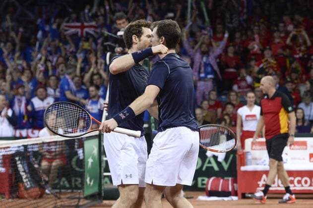 - GENT, BELGIUM: Britain s Andy Murray and Britain s Jamie Murray celebrate after winning the third game in the Davis Cup tennis World Group final between Belgium and Great Britain, a doubles game of Belgians David Goffin and Steve Darcis versus Britain s Andy and Jamie Murray, Saturday 28 November 2015 at Flanders Expo in Gent. DIRKxWAEM  x04748055x