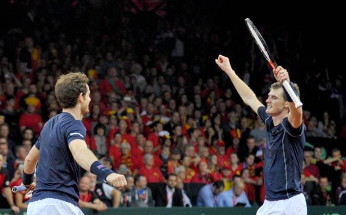 Tennis - 2015 Davis Cup by BNP Paribas - World Group Final: Belgium vs. Great Britain Day Two Rubber Three: Doubles Kimmer Coppejans (Bel) and Steve Darcis (Bel) vs. Andy Murray (GB) and Jamie Murray (GB) (left to right) Great Britain s Andy Murray celebrates winning the match with brother Jamie Murray at the Flanders Expo, Ghent. COLORSPORT JANE BARLOW 