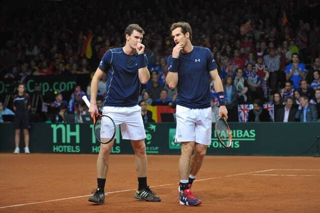 Tennis - 2015 Davis Cup by BNP Paribas - World Group Final: Belgium vs. Great Britain Day Two Rubber Three: Doubles David Goffin (Bel) and Steve Darcis (Bel) vs. Andy Murray (GB) and Jamie Murray (GB) Great Britain s (left to right) Jamie Murray and Andy Murray during the match at the Flanders Expo, Ghent. COLORSPORT JANE BARLOW 