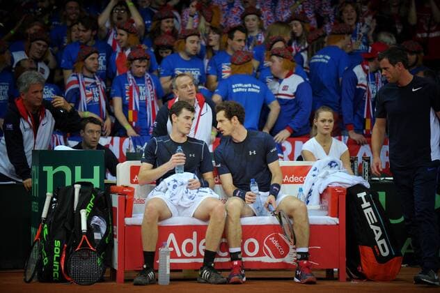 Tennis - 2015 Davis Cup by BNP Paribas - World Group Final: Belgium vs. Great Britain Day Two Rubber Three: Doubles David Goffin (Bel) and Steve Darcis (Bel) vs. Andy Murray (GB) and Jamie Murray (GB) Great Britain s (left to right) Jamie Murray and Andy Murray during the match at the Flanders Expo, Ghent. COLORSPORT JANE BARLOW 