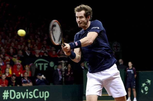 - GENT, BELGIUM: Britain s Andy Murray pictured in action during the fourth game in the Davis Cup tennis World Group final between Belgium and Great Britain, a game of Belgian David Goffin versus Britain s Andy Murray, Sunday 29 November 2015 at Flanders Expo in Gent. DIRKxWAEM  x04748510x