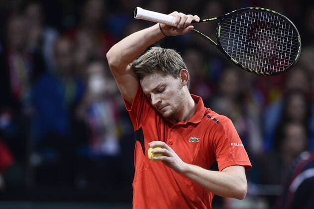 - GENT, BELGIUM: Belgian David Goffin reacts during the fourth game in the Davis Cup tennis World Group final between Belgium and Great Britain, a game of Belgian David Goffin versus Britain s Andy Murray, Sunday 29 November 2015 at Flanders Expo in Gent. DIRKxWAEM  x04748515x