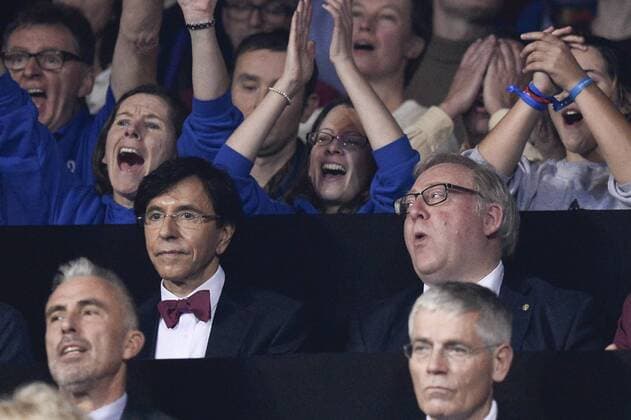 - GENT, BELGIUM: Former Prime Minister Elio Di Rupo and KBVB-URBSFA Belgium soccer union chairman Francois De Keersmaecker attend the fourth game in the Davis Cup tennis World Group final between Belgium and Great Britain, a game of Belgian David Goffin versus Britain s Andy Murray, Sunday 29 November 2015 at Flanders Expo in Gent. DIRKxWAEM  x04748543x