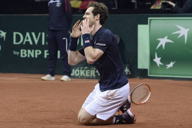- GENT, BELGIUM: Britain s Andy Murray celebrates on the floor as he just won his game at the fourth game in the Davis Cup tennis World Group final between Belgium and Great Britain, a game of Belgian David Goffin versus Britain s Andy Murray, Sunday 29 November 2015 at Flanders Expo in Gent. Britain won the final 3 to 1. DIRKxWAEM  x04748937x