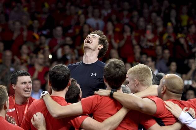 - GENT, BELGIUM: Britain s Andy Murray celebrates carried by his team as they won the fourth game in the Davis Cup tennis World Group final between Belgium and Great Britain, a game of Belgian David Goffin versus Britain s Andy Murray, Sunday 29 November 2015 at Flanders Expo in Gent. Britain won the final 3 to 1. DIRKxWAEM  x04749112x