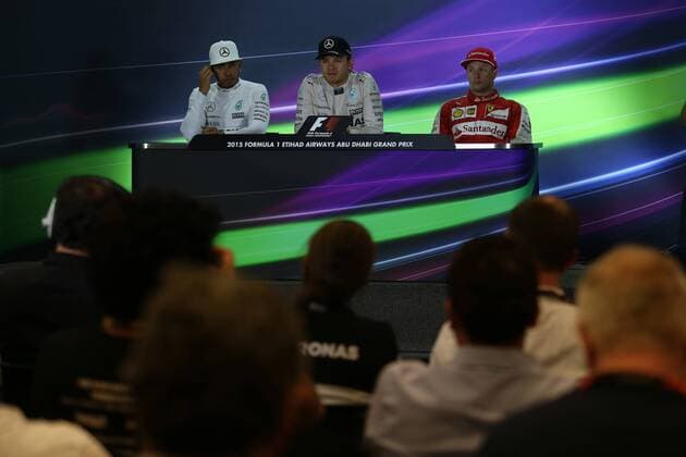 Abu Dhabi Grand Prix, UAE 26 - 29 November 2015 29.11.2015 - Race, press conference PK Pressekonferenz Lewis Hamilton (GBR) Mercedes AMG F1 W06, Nico Rosberg (GER) Mercedes AMG F1 W06 and Kimi Raikkonen (FIN) Scuderia Ferrari SF15-T 