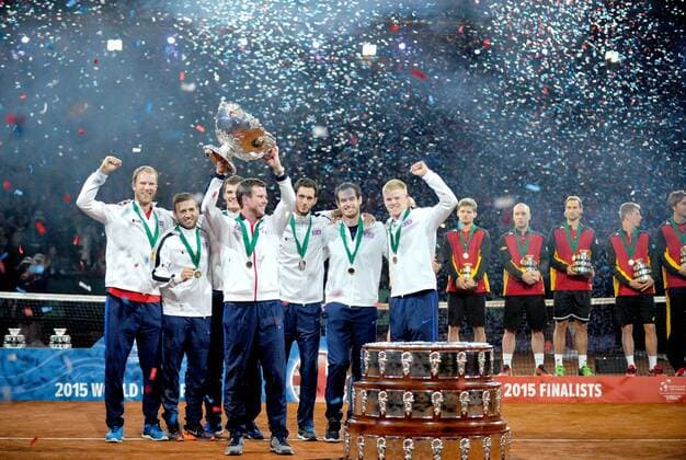 Tennis - 2015 Davis Cup by BNP Paribas - World Group Final: Belgium vs. Great Britain Day Three Rubber Four: Singles David Goffin (Bel) vs. Andy Murray (GB) Great Britain celebrates winning the Davis Cup at the Flanders Expo, Ghent. COLORSPORT JANE BARLOW 