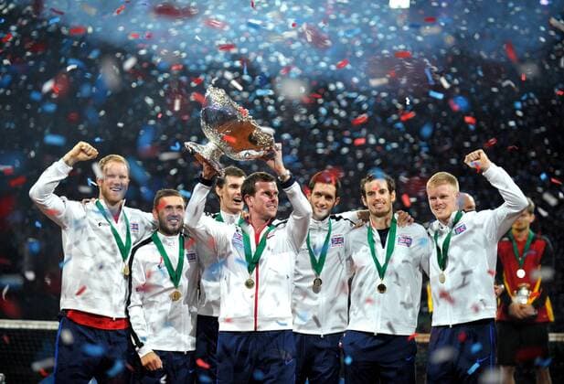 Tennis - 2015 Davis Cup by BNP Paribas - World Group Final: Belgium vs. Great Britain Day Three Rubber Four: Singles David Goffin (Bel) vs. Andy Murray (GB) Great Britain celebrates winning the Davis Cup at the Flanders Expo, Ghent. COLORSPORT JANE BARLOW 