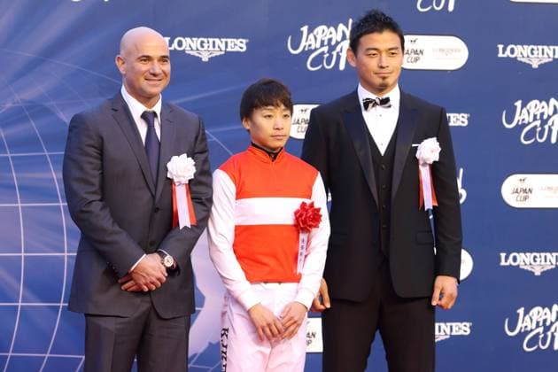 Andre Agassi, Kenichi Ikezoe, Ayumu Goromaru, NOVEMBER 29, 2015 - Horse Racing : (L-R) Andre Agassi, former professional tennis player, winning jockey Kenichi Ikezoe and Japanese rugby player Ayumu Goromaru attend an award ceremony of the 35th Japan Cup at Tokyo Racecourse in Fuchu, Tokyo, Japan. NoxThirdxPartyxSales  (DTLA000299)