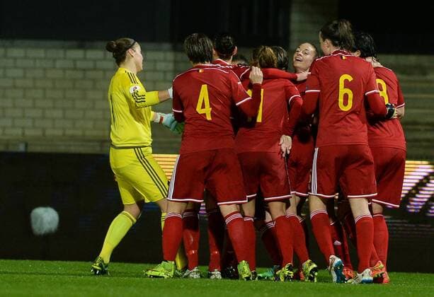 - LEUVEN, BELGIUM: Belgian players pictured celebrating after scoring 1-0 during a Euro2017 qualification match between the Red Flames Belgian national women soccer team, and Serbia, Monday 30 November 2015 in Leuven. DAVIDxCATRY  x04749882x