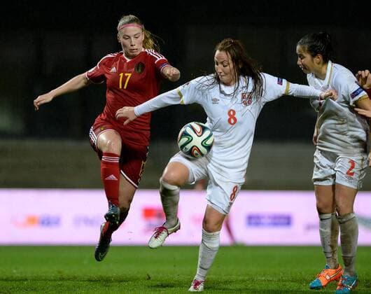 - LEUVEN, BELGIUM: Belgium s Jana Coryn and Serbia s Marija Ilic pictured in action during a Euro2017 qualification match between the Red Flames Belgian national women soccer team, and Serbia, Monday 30 November 2015 in Leuven. DAVIDxCATRY  x04749892x
