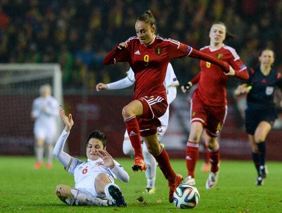 - LEUVEN, BELGIUM: Belgium s Tessa Wullaert and Serbia s Nevena Damnjanovic pictured in action during a Euro2017 qualification match between the Red Flames Belgian national women soccer team, and Serbia, Monday 30 November 2015 in Leuven. DAVIDxCATRY  x04749904x