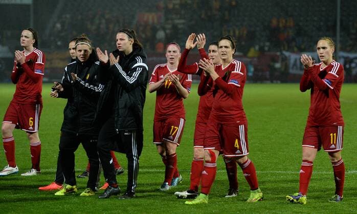 - LEUVEN, BELGIUM: Belgian players pictured thanking the fans after a Euro2017 qualification match between the Red Flames Belgian national women soccer team, and Serbia, Monday 30 November 2015 in Leuven. DAVIDxCATRY  x04749909x