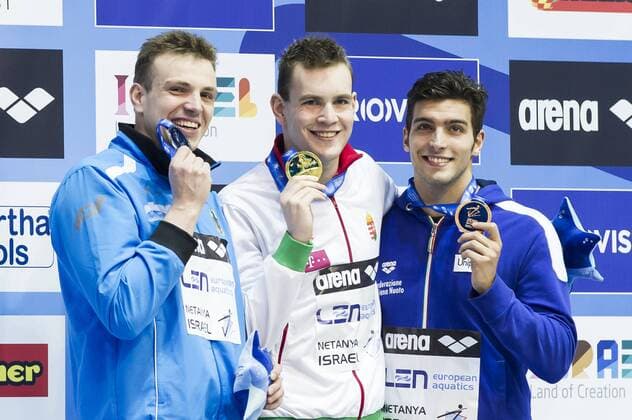 Schwimmen, Kurzbahn EM in Netanya, Siegerehrungen BIEDERMANN Paul GER Silver medal, BERNEK Peter HUN gold medal, SABBIONI Simone ITA bronze medal 400m freestyle Men finals Netanya, Israel, Wingate Institute LEN European Short Course Swimming Championships Dec. 2 - 6, 2015 Day01 Dec. 2nd - Schwimmen - Kurzbahn EM 2015 - giorgioxperottino