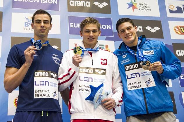 Schwimmen, Kurzbahn EM in Netanya, Siegerehrungen KAWECKI Radoslaw POL Gold Medal CR TOUMARKIN Yakov Yan ISR Silver Medal SABBIONI Simone ITA Bronze Medal 200m Backstroke Men - Final Netanya, Israel, Wingate Institute LEN European Short Course Swimming Championships Dec. 2 - 6, 2015 Day01 Dec.02 - Schwimmen - Kurzbahn EM 2015 - GiorgioxScala
