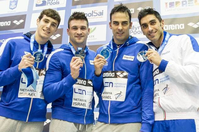 Schwimmen, Kurzbahn EM in Netanya, Siegerehrungen ITALY Silver Medal 4x50m Freestyle Men - Final Netanya, Israel, Wingate Institute LEN European Short Course Swimming Championships Dec. 2 - 6, 2015 Day01 Dec.02 - Schwimmen - Kurzbahn EM 2015 - GiorgioxScala