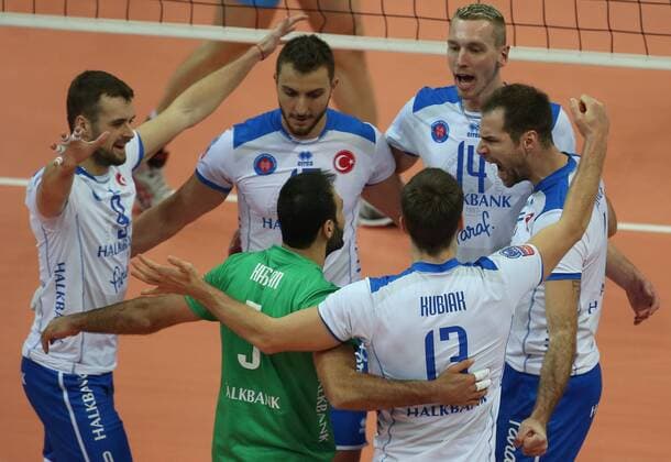 KAZAN, RUSSIA. DECEMBER 2, 2015. Halkbank s players celebrate scoring in a 2015 16 Season CEV Champions League Group D Round 3 volleyball match against Zenit. VC Zenit Kazan won the game 3:0. Yegor Aleyev TASS  TS013019