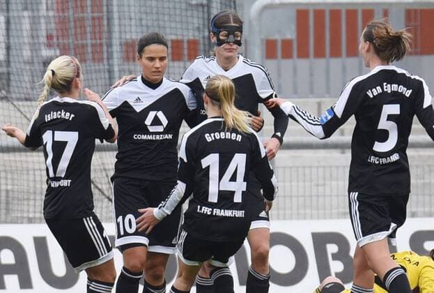 06.12.2015, xblx, Fussball 1.Bundesliga Damen, 1.FFC Frankfurt - SC Sand, emspor, v.l. Mandy Islacker (1.FFC Frankfurt), Dzsenifer Marozsan (1.FFC Frankfurt), Jackie Groenen (1.FFC Frankfurt), Kerstin Garefrekes (1.FFC Frankfurt), Emily van Egmond (1.FFC Frankfurt), Goal scored, Tor zum 1:0 durch Dzsenifer Marozsan (1.FFC Frankfurt), celebrate the goal, Torjubel