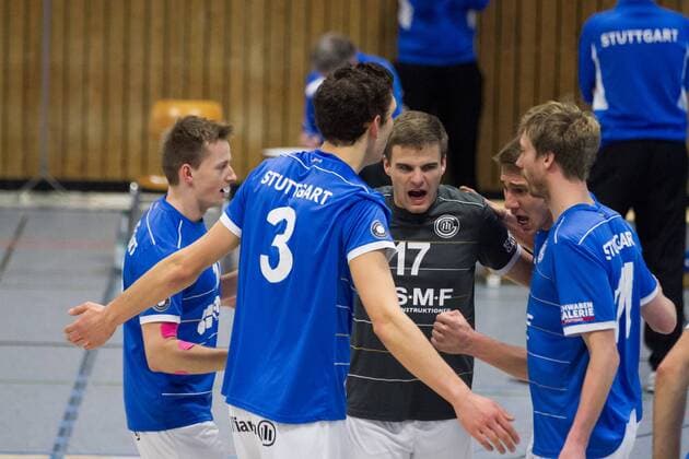 Stuttgart-Vaihingen Jubel Christian Bura ( 10, TSV Georgii Allianz Stuttgart), Jonathan-Leon Finkbeiner ( 3, TSV Georgii Allianz Stuttgart), Oliver Chudoba ( 17, TSV Georgii Allianz Stuttgart), Dominik Nuguspanov ( 13, TSV Georgii Allianz Stuttgart) und Dominik Höschle ( 11, TSV Georgii Allianz Stuttgart) ; 2. Volleyballbundesliga Sued Herren: TSV Georgii Allianz Stuttgart gegen L.E. Volleys Leipzig, Hegel-Sporthalle, Stuttgart-Vaihingen Deutschland, 20151205; Copyright: Wuechnerx xEibner-Pressefoto EP_nwr