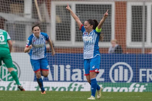 v.li.: Martina Moser (TSG 1899 Hoffenheim, 7) beim Torjubel, Goal celebration, celebrate the goal, goal celebration, nach dem 1:0 für die TSG Hoffenheim, Fussball, Allianz Frauen-Bundesliga, SV Werder Bremen - TSG 1899 Hoffenheim, xdgx