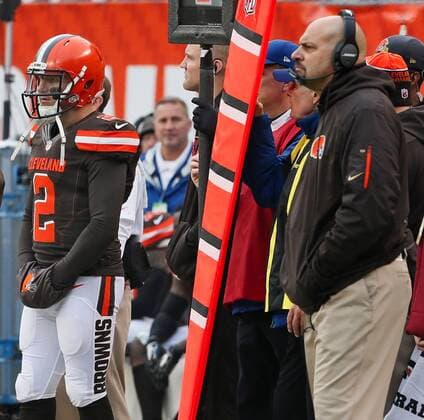 Dec. 6, 2015 - Cleveland, OH, USA - Cleveland quarterback Johnny Manziel stands on the sidelines as head coach Mike Pettine watches the action during the fourth quarter on Sunday, Dec. 6, 2015, at FirstEnergy Stadium in Cleveland, Ohio. Cincinnati Bengals at Cleveland Browns - ZUMAm67_