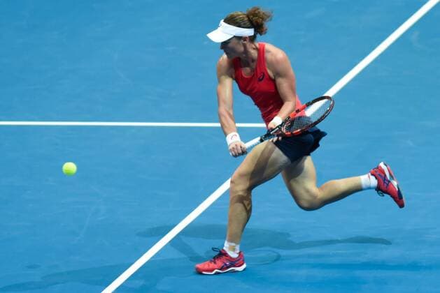 Dec. 7, 2015 - Manila, Philippines - MANILA, Philippines - AustraliaÃ¢â‚¬â ¢s Samantha Stosur who plays for the Micromax Indian Aces returns the ball to opponent, SerbiaÃ¢â‚¬â ¢s Ana Ivanovic, who plays for the Obi UAE Royals for the International Premiere Tennis League (IPTL) held at the Mall of Asia Arena in Pasay City, south of Manila on 07 December 2015. International Premiere Tennis League in Manila  - ZUMAn230