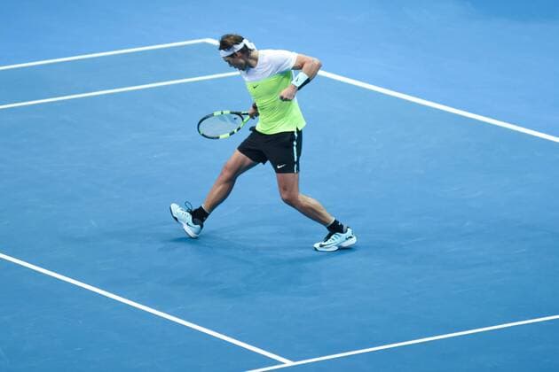Dec. 7, 2015 - Manila, Philippines - MANILA, Philippines - 14-time Grand Slam singles winner Rafael Nadal celebrates after scoring during the menÃ¢â‚¬â ¢s singles match for the International Premiere Tennis League (IPTL) held at the Mall of Asia Arena in Pasay City, south of Manila on 07 December 2015. The Spanish player is in the country along with other international tennis superstars for the star-studded premiere league. International Premiere Tennis League in Manila  - ZUMAn230