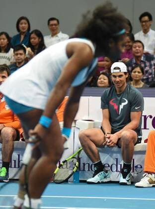 Dec. 8, 2015 - Pasay City, Manila, Philippines - MANILA, Philippines - SpainÃ¢â‚¬â ¢s Rafael Nadal (R) looks at USAÃ¢â‚¬â ¢s Serena Williams as she reacts to a missed point during the International Premiere Tennis League (IPTL) at the Mall of Asia Arena in Pasay City, south of Manila, Philippines on December 08, 2015. International Premiere Tennis League in Manila  - ZUMAn230