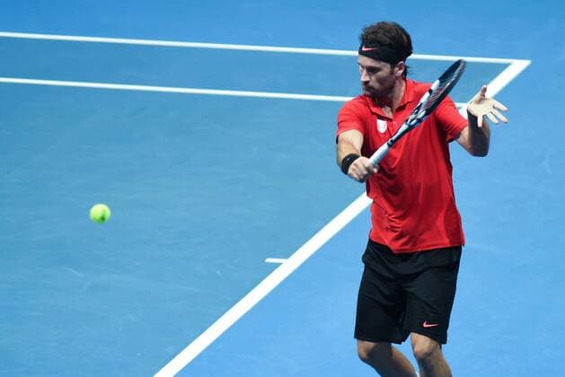 Dec. 8, 2015 - Pasay City, Philippines - MANILA, Philippines - Former world no. 1 tennis player Carlos Moya in action during the men s match of the International Premiere Tennis League (IPTL) at the Mall of Asia Arena in Pasay City, south of Manila, Philippines on December 08, 2015. The Spanish player is in the country along with other international tennis superstars for the star-studded league. International Premiere Tennis League in Manila  - ZUMAn230