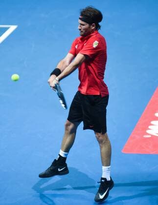 Dec. 8, 2015 - Pasay City, Philippines - MANILA, Philippines - Former world no. 1 tennis player Carlos Moya in action during the men s match of the International Premiere Tennis League (IPTL) at the Mall of Asia Arena in Pasay City, south of Manila, Philippines on December 08, 2015. The Spanish player is in the country along with other international tennis superstars for the star-studded league. International Premiere Tennis League in Manila  - ZUMAn230