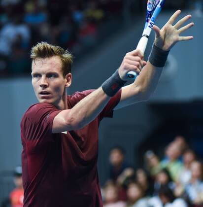 Dec. 8, 2015 - Pasay City, Philippines - MANILA, Philippines - Tomas Berdych of the UAE Royals prepares to serve the ball to his opponent Nick Krygios of the Singapore Slammers during the menÃ¢â‚¬â ¢s singles match for the International Premiere Tennis League (IPTL) at the Mall of Asia Arena in Pasay City, south of Manila, Philippines on December 08, 2015. Berdych Vs Krygios  - ZUMAn230