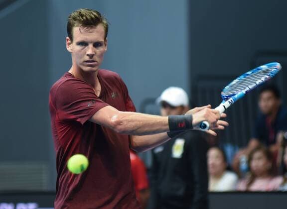 Dec. 8, 2015 - Pasay City, Philippines - MANILA, Philippines - Tomas Berdych of the UAE Royals prepares to serve the ball to his opponent Nick Krygios of the Singapore Slammers during the menÃ¢â‚¬â ¢s singles match for the International Premiere Tennis League (IPTL) at the Mall of Asia Arena in Pasay City, south of Manila, Philippines on December 08, 2015. Berdych Vs Krygios  - ZUMAn230