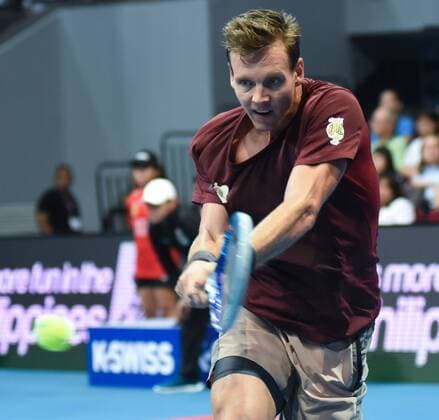 Dec. 8, 2015 - Pasay City, Philippines - MANILA, Philippines - Tomas Berdych of the UAE Royals prepares to serve the ball to his opponent Nick Krygios of the Singapore Slammers during the menÃ¢â‚¬â ¢s singles match for the International Premiere Tennis League (IPTL) at the Mall of Asia Arena in Pasay City, south of Manila, Philippines on December 08, 2015. Berdych Vs Krygios  - ZUMAn230