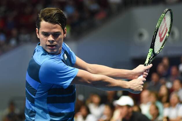 Dec. 8, 2015 - Manila, Philippines - MANILA, Philippines - Canadian player Milos Raonic of the Philippine Mavericks in action during the menÃ¢â‚¬â ¢s singles match for the International Premiere Tennis League (IPTL) at the Mall of Asia Arena in Pasay City, south of Manila, Philippines on December 08, 2015. International Premiere Tennis League in Manila  - ZUMAn230